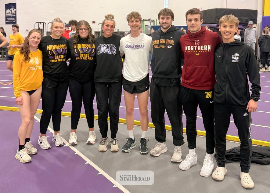 Former LHS track and field athletes participated in the Northern Sun Intercollegiate Conference (NSIC) Conference Championship Feb. 27-28. They are (left, to right) senior Tenley Nelson, junior Jadyn Hart and sophomore Jocelyn Hart, freshman Augusta Papk, junior Camden Janiszeski and freshman Owen Janiszeski along with senior Eli Radtke and sophomore Zachary Terrio.