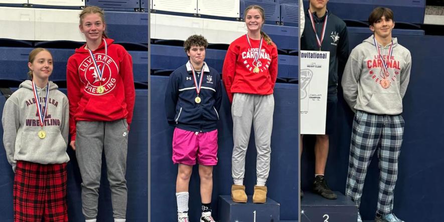 Left: LHS sophomore CeCe Rock places first in the girls’ 155 -pound  weight class at the Pizza Ranch invite Saturday, Dec. 14. Middle: LHS eighth-grader Ellie Rock places first in the girls’ 112-pound weight class. Right: LHS senior Leif Ingebretsen places first in the 139 -pound weight class.