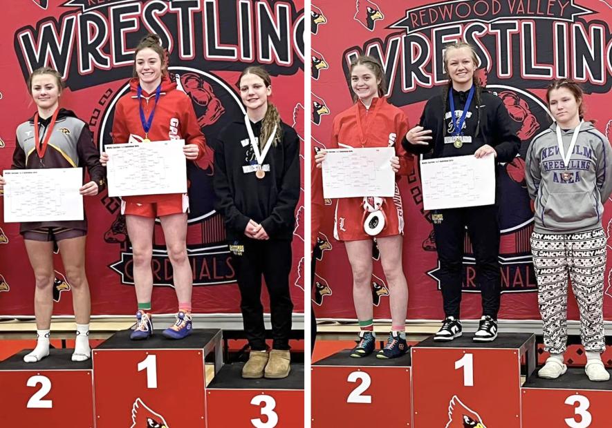 Sophomore Bernie Rock (left photo, center)  took first place in sections, and her sister freshman CeCe Rock (right photo, left) placed second in sections competition held in Redwood Falls Friday, Feb. 9. Both qualified for the 2024 State Tournament Feb. 29.