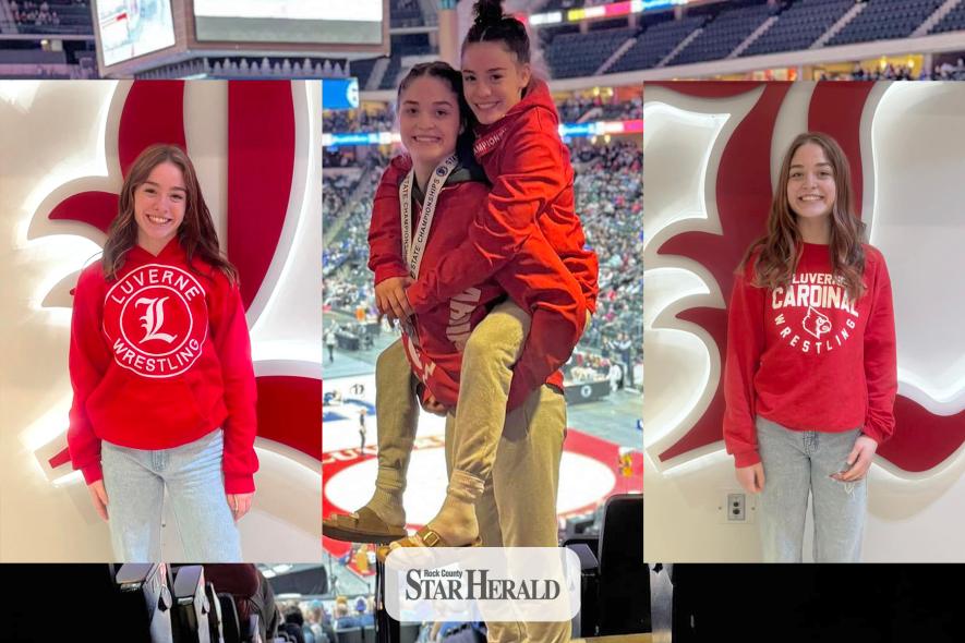 submitted photo. Sophomore CeCe Rock holds her sister, junior Bernie Rock at the Excel Energy Center Saturday, March 1, in St. Paul after competing in the 2025 state tournament. CeCe finished in third place in the 14-pound weight class and Bernie took second in the 112-pound weight class. This was their third consecutive year they represented Luverne at the tournament.