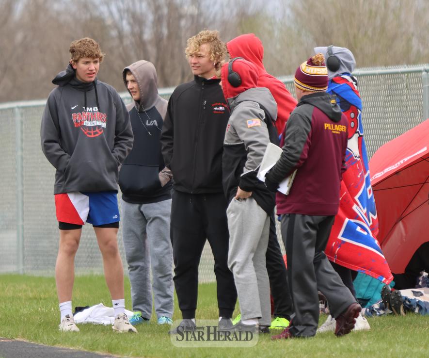 With temps in the mid 30s and wind gusts up to 20 mph, athletes bundle up for the Pipestone track meet Saturday, April 20. LHS and H-BC teams performed well considering the weather.