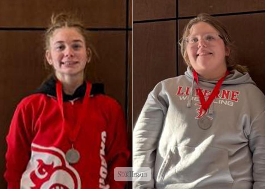 LHS freshman Ellie Rock (left) and seventh-grader Gemma Zix qulified for the 2026 Minnesota Girls’ Wrestling League State Tournament in Canby Jan. 24.