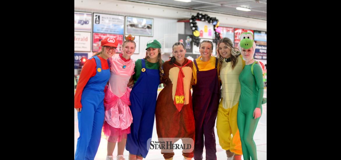 (From left) Grace Schneekloth, Marisa Thier, Emma Schneekloth, Mya Akin, Augusta Papik, Madilyn Wenzel and Josalyn Hiebert prepare to take the ice Friday, March 22, for their performance at this year’s Ice Show. See www.star-herald.com for more photos.