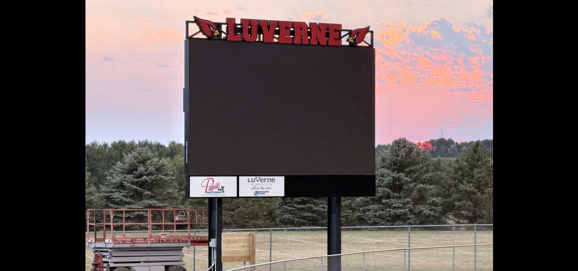 The new Luverne High School scoreboard is up and will be operational for the first home football game Sept. 11 against Sibley East. The  board has graphics and video capabilities.