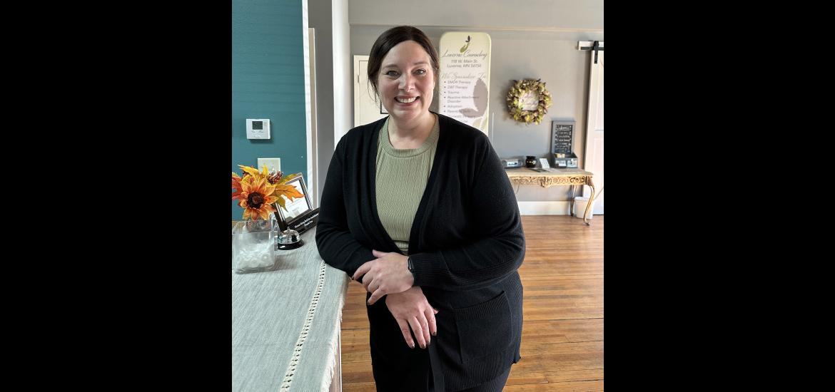 Erica Hough is a certified brainspotting therapist who recently volunteered in Hawaii helping traumatized victims of the Maui wildfires. She’s pictured Nov. 15 in the reception area of Luverne Counseling, which she founded in 2015. Lori Sorenson/Rock County Star Herald Photo