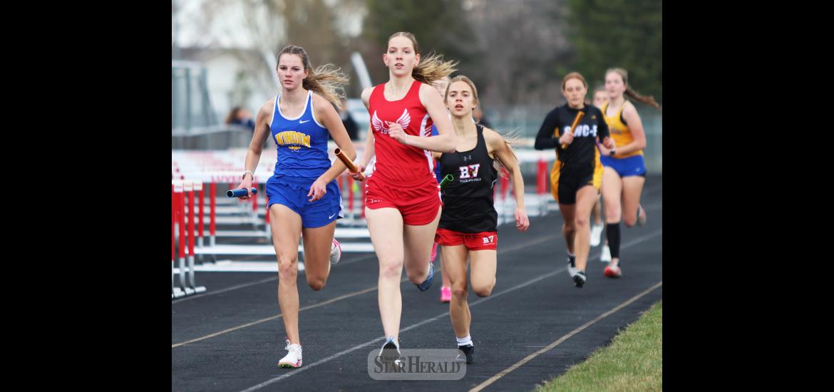 Cardinals senior Cassi Chesley runs the first leg of the 4-by-800-meter relay in Luverne Tuesday, April 9. Chesley and her Luverne teammates finished in third place with a time of 10:55.71. 