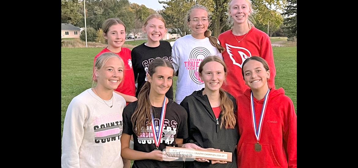 Submitted photo LHS girls cross country team takes first place at the Big South Conference meet Oct. 20 in Jackson. Pictured are (front, left) senior Olivia Lund, senior Khloe Visker, sophomore Summer Mollberg, sophomore Sophia Nolz, (back) eighth-grader Tyleigh Hood, seventh-grader Nevaeh DeBoer, freshman Emary Zwaan and sophomore Harper DeWispelaere.