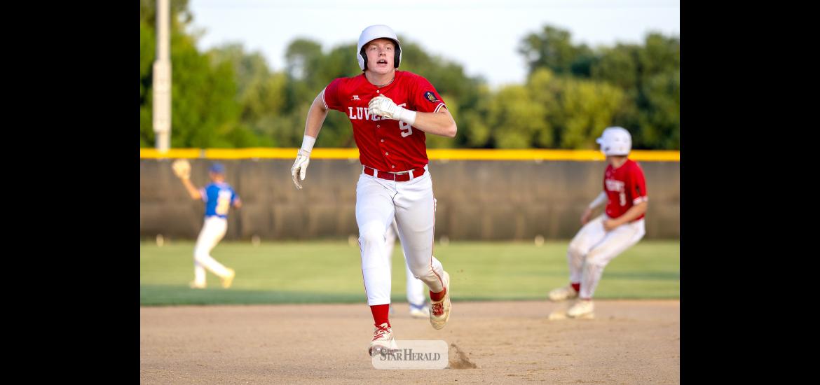Greg Hoogeveen photo/SL1 Maddox Miller heads for third base with Landyn Lais rounding second base against Windom Monday, July 6, in Luverne. The Luverne Senior Legion baseball team handily beat Windom 10-4 in the contest.