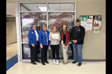 H-BC student AnnMarie Wiersema (center) was a winning essayist in the VFW’s “Patriot’s Pen” contest. Pictured are (from left) Diane Rabenberg, Roxanne Kremer, Wiersema, Lydia Scruggs and Terrie Gulden. Submitted Photo