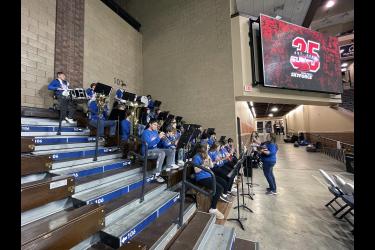 Amy Comp leads the Hills-Beaver Creek High School pep band in pregame revelry Sunday at the Sanford Pentagon in Sioux Falls prior to the start of the Sioux Falls Skyforce game. Submitted Photo