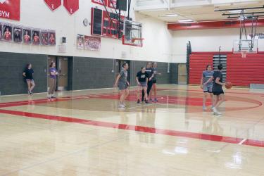 A group of women play 3-on-3 basketball Wednesday nights at a women’s basketball community education class at the Luverne Middle-High School gym. According to organizer Savannah Dinger, the 90-minute class allows women the “opportunity to socialize, compete and enjoy a night playing a sport they enjoy.” Pictured from left are Kylee Cohoon, Mariah Talsma, Peggy Johnson, Savannah Dinger, Michelle Drost, Lisa Fick, Ana Hagen and Maggie Siebenahler. Mavis Fodness/Rock County Star Herald Photo