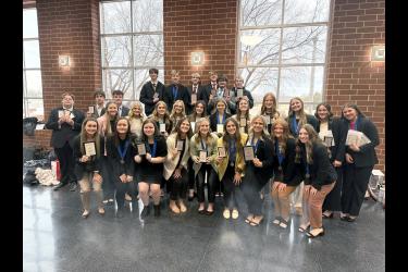 The students who placed at the Region 8 event on Jan. 17 and will compete at state include (front, from left) Ella Schmuck, Paige Kubesh, Elaine Nath, Maria Rops, Ella Reisdorfer, Payton Behr, Kylie VanderLugt, Anna Banck, Julia Beyer, (second) Jenna Bullerman, Tenley Behr, Kylie Kindt, Regan Mehlhaff, Autumn Bailey, Hazel Sailor, Ingrid Mostad, Taya Johnson, Kassidy Saarloos, Izzy Steensma, Rylee Kurtz, (third) Xavier McKenzie, Gavin Hoven, Charlie Mostad, (back) Sage Viessman, Jaydon Johnson, Kasey Buss, 