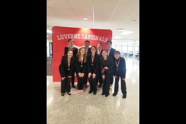 Nine Luverne speech team members earned awards Saturday at the Luverne Invitational Speech Tournament in Luverne. Pictured are (front, from left) Roselynn Hartshorn, Jessika Tunnissen, Bri Kinsinger, Bridget Sandager, Jackson Viger, (back) Tyler Hodge, Charlie Mostad, Xavier McKenzie and Zander Carbonneau. Submitted Photo