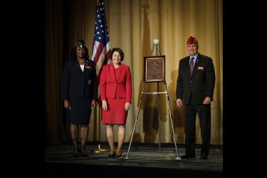 U.S. Sen. Amy Klobuchar (left) received the 2024 Distinguished Public Service Award from American Legion National Commander Daniel Seehafer during the organization’s Washington Conference in February.