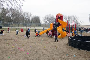 The 50 children ages 0 to 10 years old who attended Saturday’s Easter egg hunt were divided into two groups with the children ages 5 to 10 hunting eggs under the playground equipment at the Hardwick City Park. Mavis Fodness/Rock County Star Herald Photo