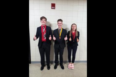 Three Luverne students placed at the Section 3A speech tournament Saturday in Redwood Falls. Tyler Hodge (far left) placed second in discussion, William Johnson placed fourth in original oratory, and Jessika Tunnissen placed second in informative speaking. Hodge and Tunnissen qualified for this weekend’s state speech tournament in Shakopee. Submitted Photo
