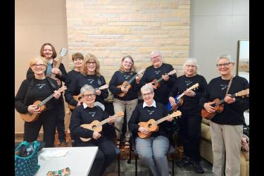 The nine-member Luverne Ukulele Group will be among the 100 music students performing at two scheduled recitals for the Luverne Street Music “Spring Showcase Recitals.” Members of the LUGS include Rhonna Jarchow (seated, left), Carol McDonald, (back) Melva Schwiedop, instructor Jesse Booker, Terri Ebert, LaDonna Iveland, Mary Rust, Maggie Schmidt, RaVae Benson and Ruth Stoakes. Submitted Image
