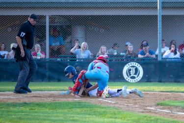 Redbirds catcher Braydon Ripka tags a Windom player attempting to slide home at Redbird Field in Game 2 of the three-game series Friday, Aug. 7. After winning the first game Luverne lost two games and the series 2-1 to the Windom Pirates.