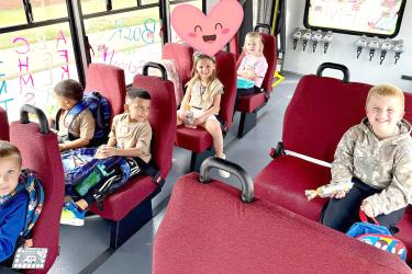Thirty-six preschoolers are getting rides with the Rock County Opportunities bus between day care and school this fall. Pictured are (from left) Hayden Richters, Andrew and Johnny Gonzalez, Laramie Black, Audrey Sopkowiak and Sawyer Wick. Shared Image