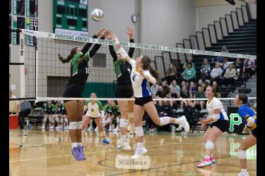 Greg Hoogeveen photo/0917A/EVB1 Adrian-Ellsworth junior Jordan Kruger, No. 6,  extends to hit the ball over the net against Pipestone Sept. 14 on the road. The Dragons beat the Arrows in three sets.