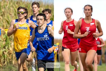 Greg Hoogeveen photo/0917A/ELHSXC1 Left photo: Adrian-Ellsworth sophomore Aiden Lichter paces himself amongst other runners in the boy’s varsity 5,000-meter race. Right photo: LHS senior Khloe Visker, front red, and sophomore Summer Mollberg, back red, competed in the girls’ varsity 5,000-meter race in Luverne Sept. 12. Lichter finished in 18th place. Visker finished fourth and Mollberg finished eighth.  
