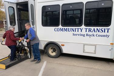 Gloria Aanenson accepts a lift Monday from Community Transit driver Darwin Jauert. The local public transportation program provided 21,452 rides to Rock County residents in 2023. Mavis Fodness/Rock County Star Herald Photo