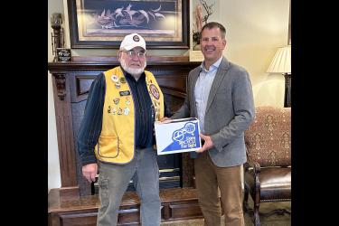 Hartquist Funeral Home, Luverne, is a collection point for the “Lions Recycle for Sight” program, which collects used eyeglasses for Lions Club International. LeRoy Schomacker (left) with the Luverne Lions Club recently accepted 259 eyeglasses and eight hearing aids from Jeff Hartquist. SubmittedPhoto