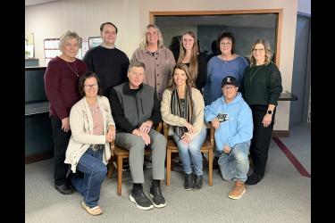 The Rock County Star Herald was named the 2025 Friend of Education by the Luverne Education Association Monday afternoon as part of American Education Week activities. Pictured are (front, from left) reporter Mavis Fodness, general manager Rick Peterson, editor Lori Sorenson, sports reporter Greg Hoogeveen, (back) copy editor Esther Frakes, sales representative Wyatt VanSteenberg, office assistant Jennifer Nelson, designer Brooke Huisman, office manager Deb Lusty and production manager Heather Johnson.