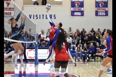 Greg Hoogeveen photo/H-BCVB1 Patriots junior Ella Rheault jumps to spike the ball against Russell-Tyler-Ruthton Thursday, Sept. 24, at home. 
