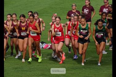 The Luverne girls’ varsity 5,000-meter cross country team takes off among several other teams at the Rochester Mayo Invitational Sept. 17. LHS placed seventh out of 17 teams. submitted by Angi Gangested 