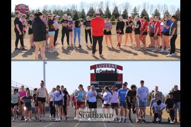 Top: Luverne junior varsity and varsity girls’ softball teams practice together in warm 69-degree weather. Bottom: The Luverne track and field teams enjoy spring training in warm temperatures Tuesday, March 12. Greg Hoogeveen photos
