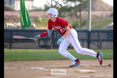 Maddux Domagala hits during his Senior Legion team’s victory over Colton, S.D., at Redbird Field June 9.