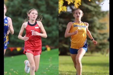 Greg Hoogeveen photos/XC1 Left: LHS eighth grader Tyleigh Hood paces herself halfway through the race. Right: A-E eighth grader Charlotte Lichter heads for the finish line in the girls varsity 5,000-meter race.