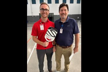 Adam Holmstrom (left), a University of South Dakota, Vermillion, physical therapy student, presented to local pickleball players Monday morning with Jobi Colwell, clinical instructor and physical therapist at Sanford Luverne Medical Center. Shared Image