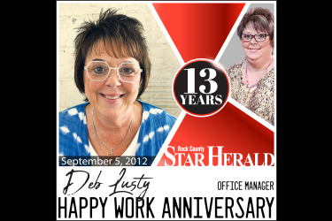 Deb Lusty celebrates 13 years at the Star Herald on September 5. 